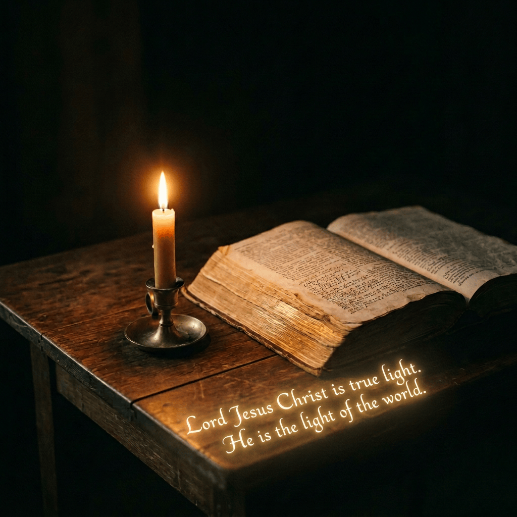 Lit candle beside an open, weathered book on a wooden table