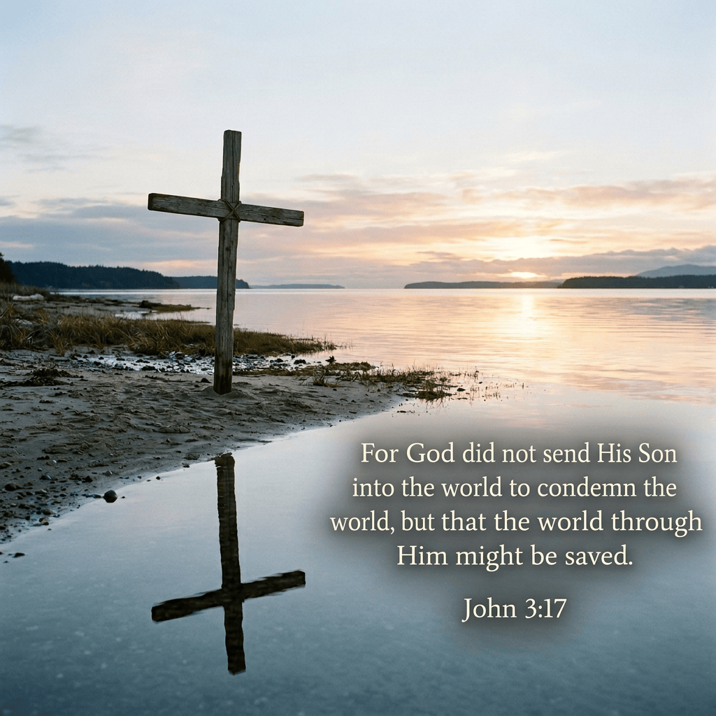 Weathered wooden cross beside calm water at sunset, reflected in the shallows