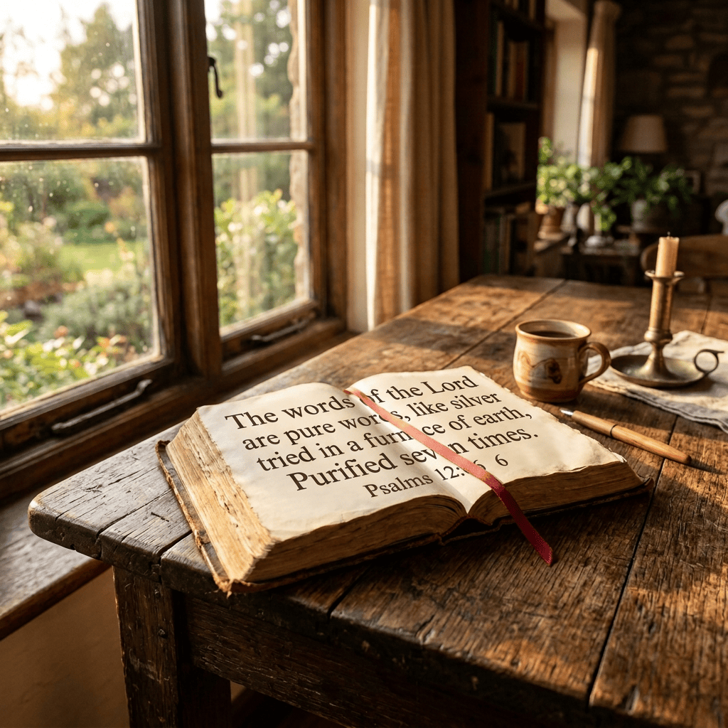 Open Bible, coffee cup, and candle on a wooden table by window