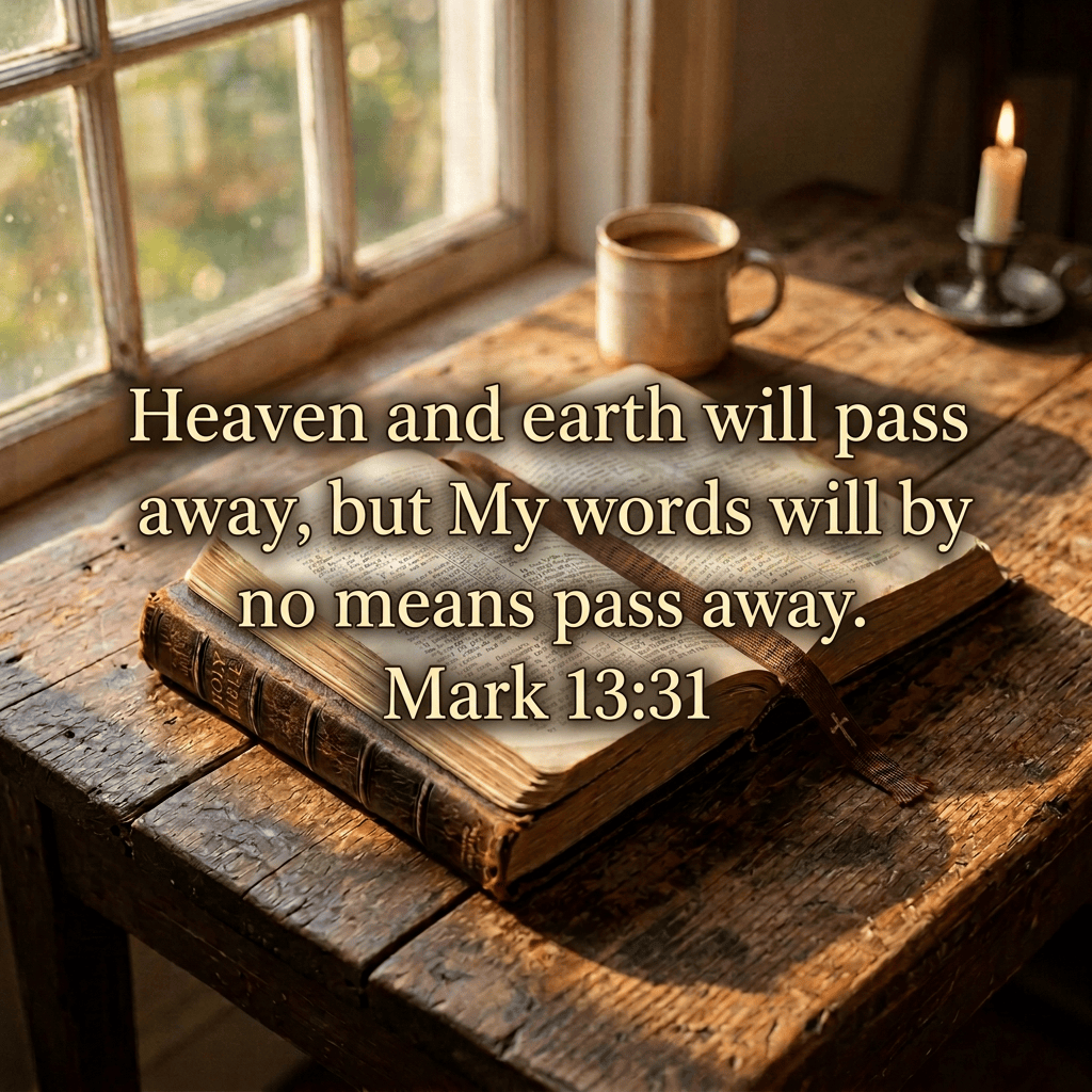 Open Bible with coffee, prayer beads, cross, and candle on wooden table
