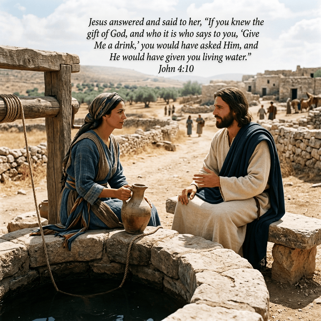Woman with a water jar speaking with a robed man beside a village well