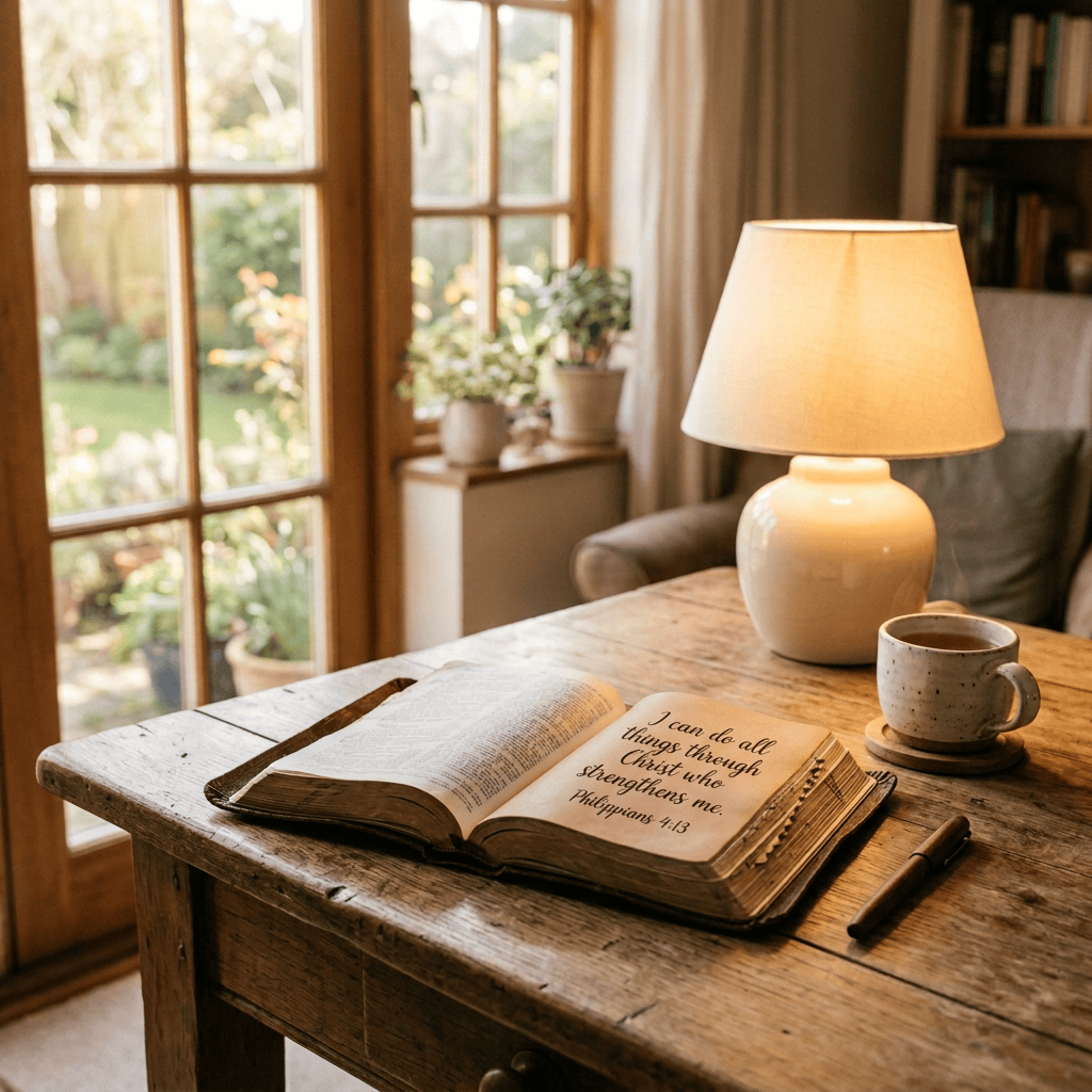 Open book, coffee cup, and lit lamp on a wooden table by windows