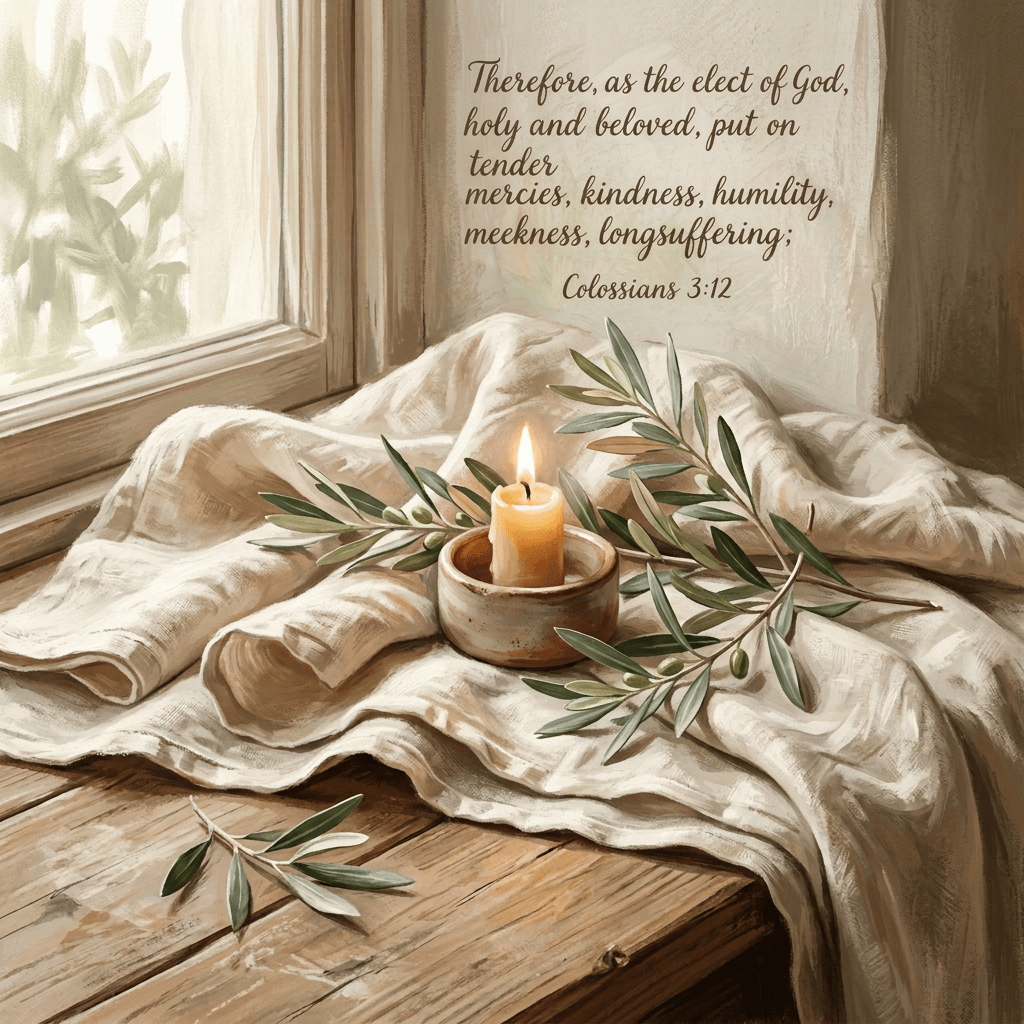 Lit candle in a ceramic bowl surrounded by olive branches on linen