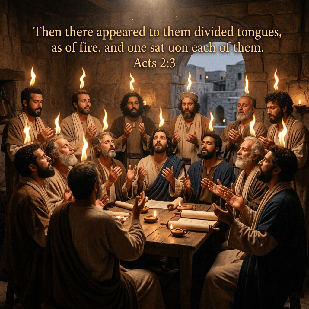Robed men praying around open scrolls in a candlelit stone room