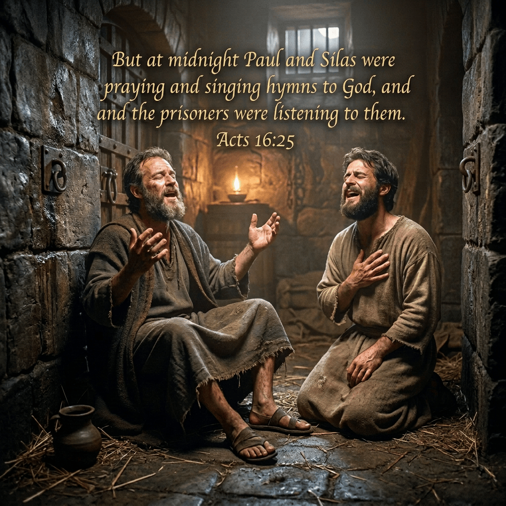 Two chained men singing inside a dim stone prison