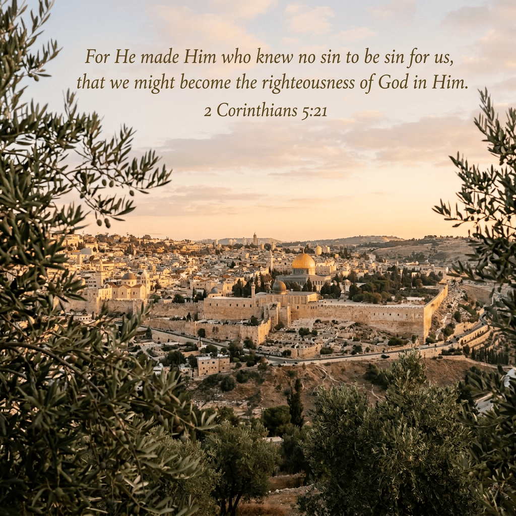 Jerusalem Old City and Dome of the Rock framed by olive trees