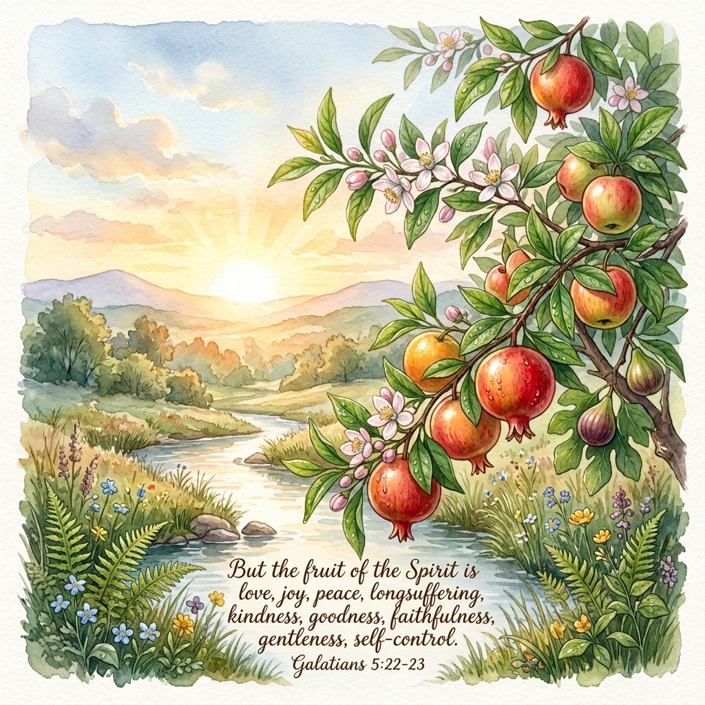 Watercolor countryside stream beneath flowering branches bearing pomegranates and figs